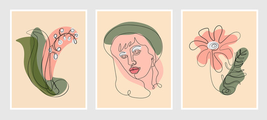 Illustration set with single line continuous portrait, flowers and leaves_