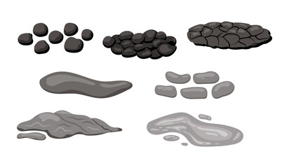 Bristol poop excrement scale chart black and white icon set. Different poo type - hard, soft, waterly heap of shit health indicator isolated. Flat design vector clip art gray animal poo illustration.