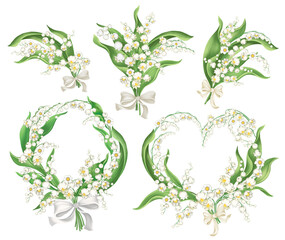 Lily of the valley bouquet set. Spring Floral wreath with white flowers and leaves. Ideal for greeting template, poster, wedding invitation. Blooming frame for holidays decoration 8 march or easter.