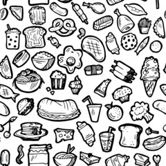 Set of food. Baking buns and meat dishes. Hand drawing outline. Isolated on white background. Monochrome drawing. Vector