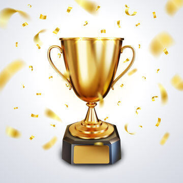 Golden trophy cup or champion cup with a blank gold plate for your text and falling shiny golden confetti. Realistic 3D vector illustration