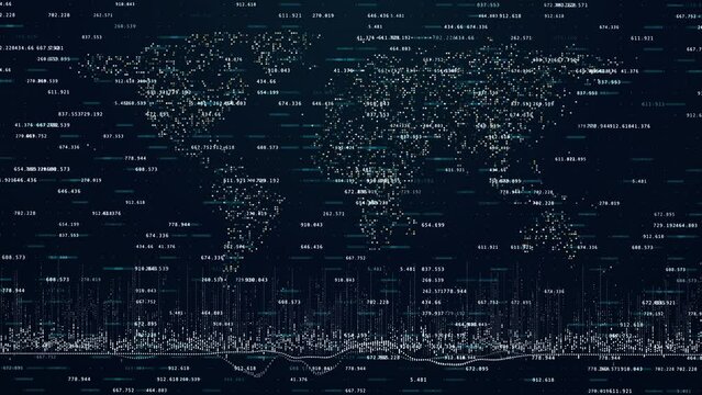 Abstract intro animation with volatile charts and numbers. Financial figures and diagrams with earth map on background