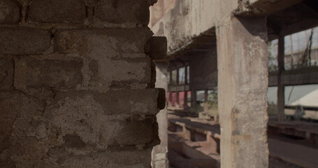 Outskirts of the wall of an abandoned building. Pieces of bricks stick out of the wall. An abandoned building in the background. Camera movement down.