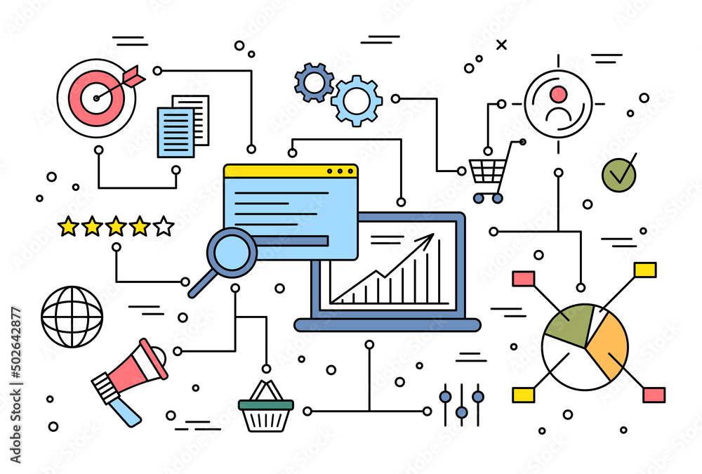Poster seo optimization concept contour linear style include of laptop screen and chart. vector illustratio