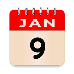 9 day of the month. January. Flip old formal calendar. 3d daily icon. Date. Week Sunday, Monday, Tuesday, Wednesday, Thursday, Friday, Saturday. Cut paper. White background. Vector illustration.