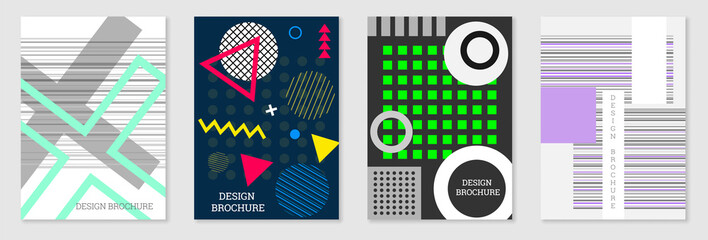 Set of cover design in Memphis style. Geometric design, abstract background. Fashionable bright cover, banner, poster, booklet. Creative colors.