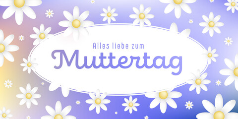 German text : Alles liebe zum muttertag on an white oval frame with white blossoms on colorful background, purple,blue,brown and ocher