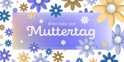 German text : Alles liebe zum muttertag, on an colorful rectangular frame with colorful blossoms on white background, purple,blue,brown and ocher