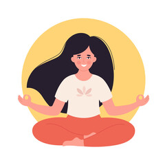 Fototapeta na wymiar Woman meditating in lotus pose. Healthy lifestyle, yoga, relax, breathing exercise. World yoga day. Hand drawn vector illustration