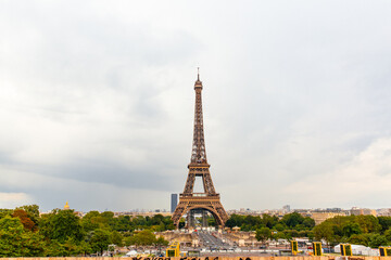 Eiffel Tower in sunset light seen from Trocadero. View of Paris city. Landmarks of France.