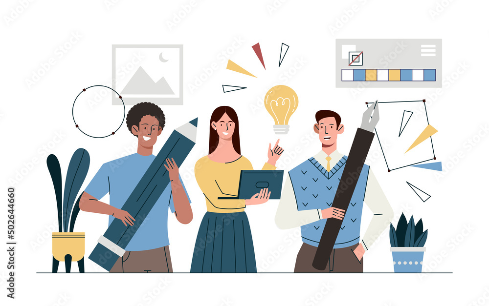 Poster design community concept. men and girls with pencils designing interface for website or application.
