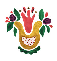 .Decorative flower in the style of Ukrainian applied art of the early 20th century. Avant-garde painting with mixed colors. Isolated picture on a white background..