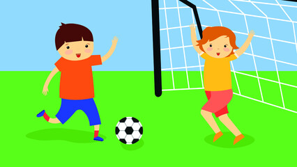 children play football, the boy scores a goal