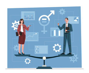 Gender equality concept. Man and girl stand on scales, no discrimination. Opportunities to build career in company. Tolerance and respect for rights and freedoms. Cartoon flat vector illustration