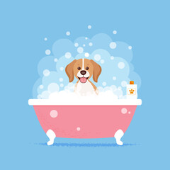 Dog having bath with bubbles. Vector flat illustration