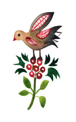 Decorative composition of a bird on a viburnum branch in the style of Ukrainian applied art of the early 20th century. Avant-garde painting with mixed colors. Isolated picture on a white background.