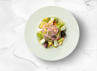 Salad, cheese on a plate, Ukrainian cuisine. Photo of food on a white background