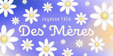 Texte : Joyeuse fête des mères, avec de jolies fleurs blanches sur un fond mutilé coloré,violet, bleu, marron et ocre