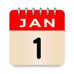 1 day of the month. January. Flip old formal calendar. 3d daily icon. Date. Week Sunday, Monday, Tuesday, Wednesday, Thursday, Friday, Saturday. Cut paper. White background. Vector illustration.