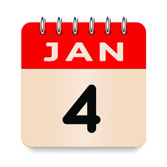 4 day of the month. January. Flip old formal calendar. 3d daily icon. Date. Week Sunday, Monday, Tuesday, Wednesday, Thursday, Friday, Saturday. Cut paper. White background. Vector illustration.