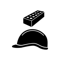 Icon of construction helmet and brick. Protective headwear for building works. Vector Illustration