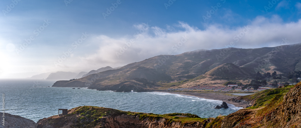 Wall mural Rodeo Cove beach surrounding area in the Golden Gate National recreation mountains and Pacific coastline and ocean