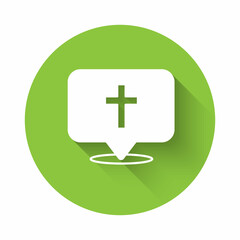 White Map pin church building icon isolated with long shadow background. Christian Church. Religion of church. Green circle button. Vector