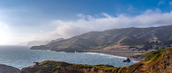 Rodeo Cove beach surrounding area in the Golden Gate National recreation mountains and Pacific...