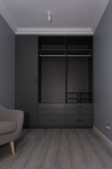 Apartment interior with modern design. Part of room interior, closet with empty shelves