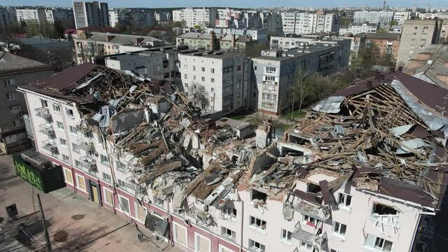 Chernihiv, Ukraine - 27.04.2022: War in Ukraine. Hotel destroyed by Russian troops in the city of Chernihiv