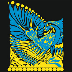vector ornament. folklore ornament withe bird blue yellow