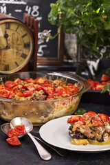 Meat with tomato, Ukrainian cuisine. Photo of food on a white background