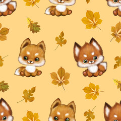 Seamless pattern with cute foxes, foxes and autumn leaves, children's pattern, baby clothes pattern, baby print with foxes, autumn patern