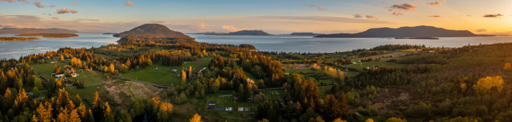 Sunset Areal View of Lummi Island, Washington.  Springtime in the Pacific Northwest and the Salish...