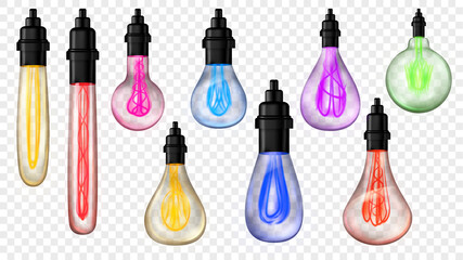 Set of multicolored vintage incandescent lamps of various shapes and sizes. Glass bulbs of lamps are translucent in vector format. For use on light background