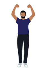 Portrait of a bearded Indian guy with arms raised above his head, flat vector on white background, faceless illustration