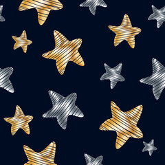 Bright Seamless pattern with golden and silver stars on black backdrop. Shining holiday background. Vector cute illustration for wrapping paper, fabric design, apparel print, web, fashion