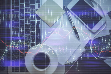 Double exposure of financial chart drawing over table background with computer. Concept of research and analysis. Top view.