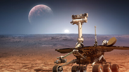 Perseverance Mars Mission. Red planet and rover in space. Solar system exploration. Elements of...