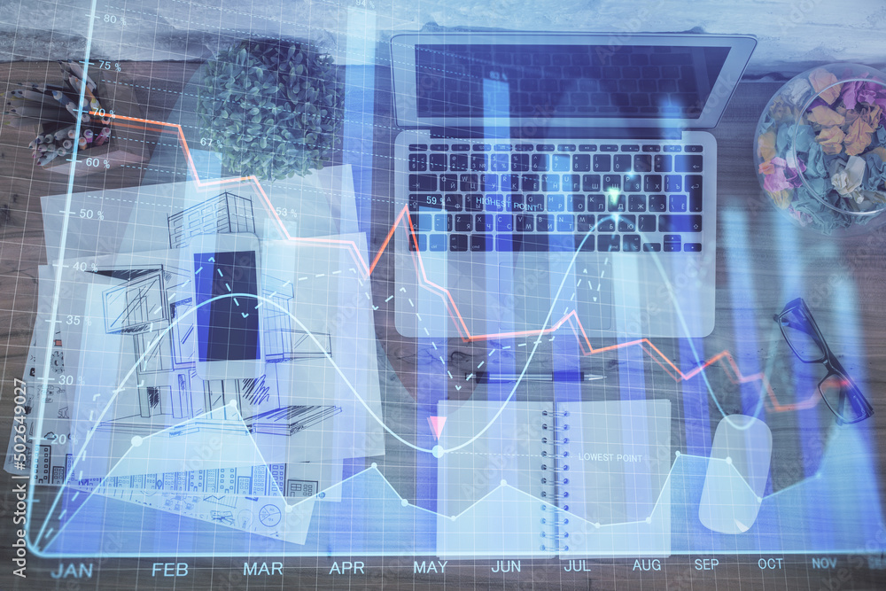 Poster Multi exposure of financial chart drawing over table background with computer. Concept of research. Top view.