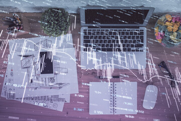 Multi exposure of financial chart drawing over table background with computer. Concept of research. Top view.