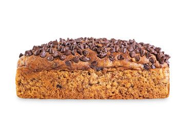 Banana bread with chocolate filling and chocolate drops on the top on a white isolated background