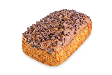 Banana bread with chocolate filling and chocolate drops on the top on a white isolated background
