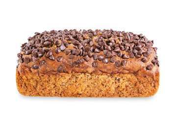 Banana bread with chocolate filling and chocolate drops on the top on a white isolated background