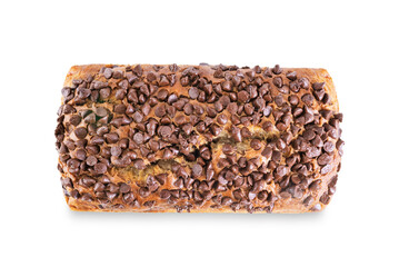 Banana bread with chocolate filling and chocolate drops on the top on a white isolated background