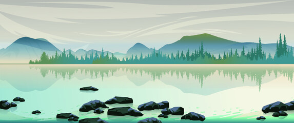 Landscape panorama with forest, mountains  lake with reflection, fog and  stones  at sunrise.  Silence, calm.