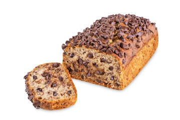Banana bread with chocolate filling and chocolate drops on the top on a white isolated background