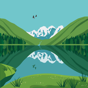Green Mountains Lake Valley Landscape background. Beautiful wild nature parkland scenic view illustration. Mountain lake calm sunlight summer day vector poster. Nature environment, tourist banner