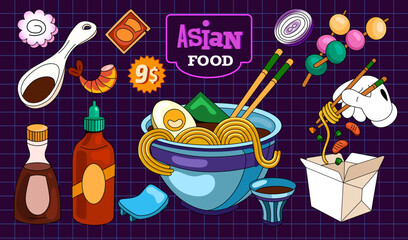 Set of pictures of Asian food. Chinese cuisine. Retro background. Can be used for menus, cafes, restaurants, posters, banners, stickers.