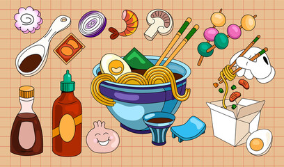 Set of Asian cuisine in cartoon style 90 noodles shrimp mushrooms on many utensils. On a dark background with a pattern. can be used to decorate menu stickers, banners for websites.